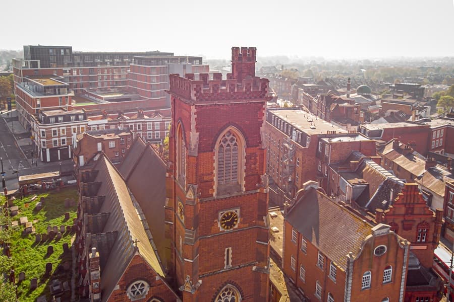 Aerial view of Acton town in suburb in the morning