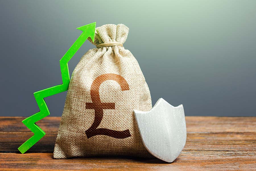 A sack of money has a shield placed in front of it, with a green arrow pointing upwards