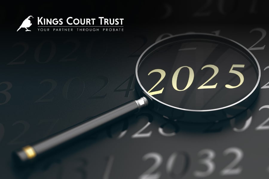 2025 under a magnifying glass with the Kings Court Trust logo