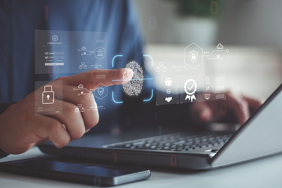 Hands on a keyboard overlaid with a graphic of a fingerprint and symbols related to documents and security