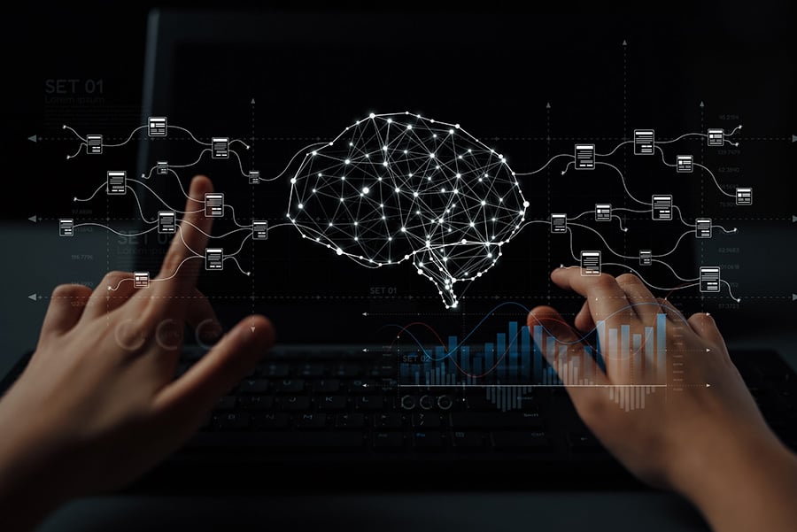A graphic composed of lights in the shape of a brain surrounded by files, with hands reaching out to touch them