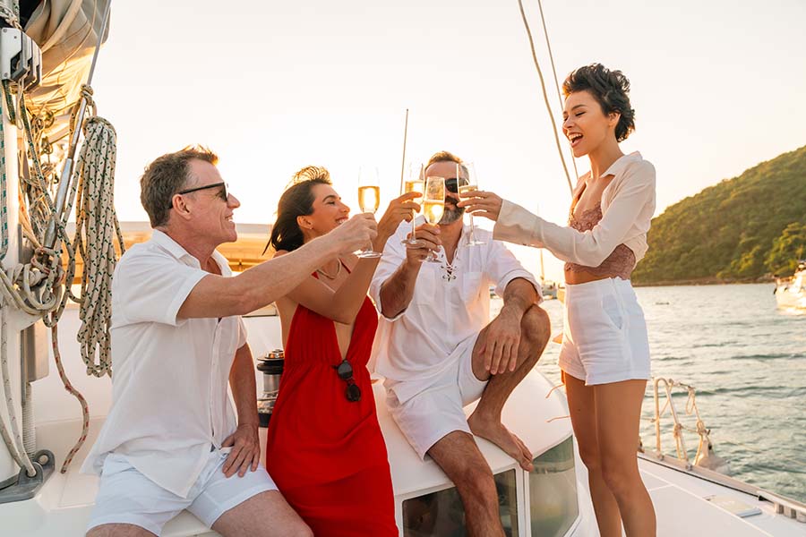 Four people drinking champagne on a yacht