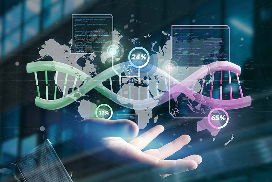 A graphic image of a DNA strand imposed over an outstretched hand