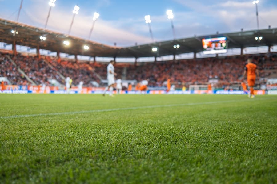 Detail of grass with soccer match in the background
