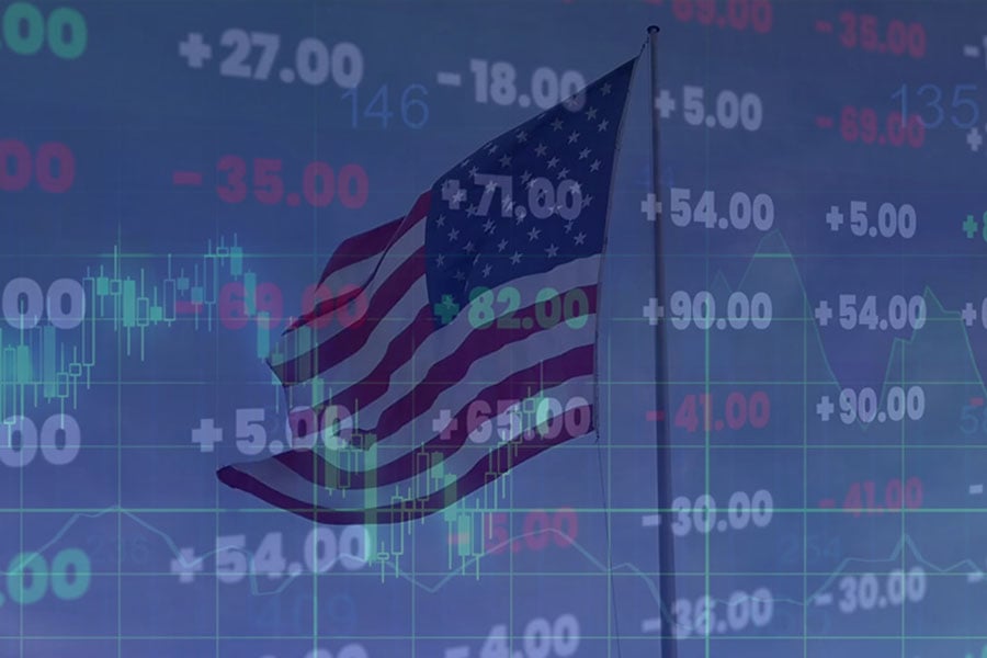Stock Market board showing increases and declines across the board with an american flag flying in an overlay