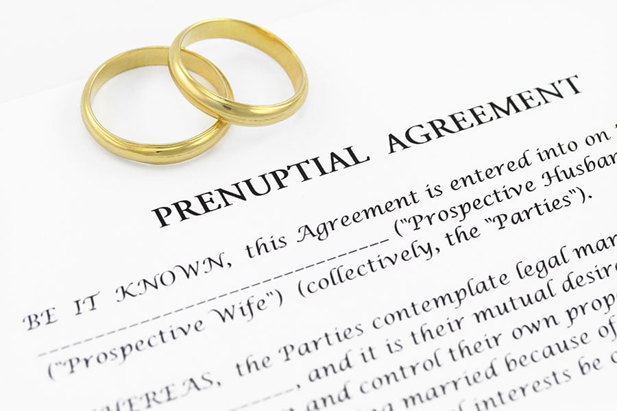 Two wedding rings placed on a prenup contract