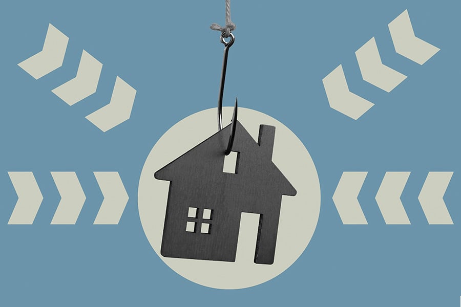 A composite graphic of a house on a hook, surrounded by chevrons