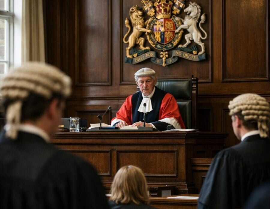 Courtroom judge and barristers